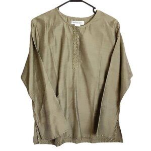 VTG Maggie & Max Blouse MED Pullover Sequins Snap Round Neck Rayon Long Sleeves